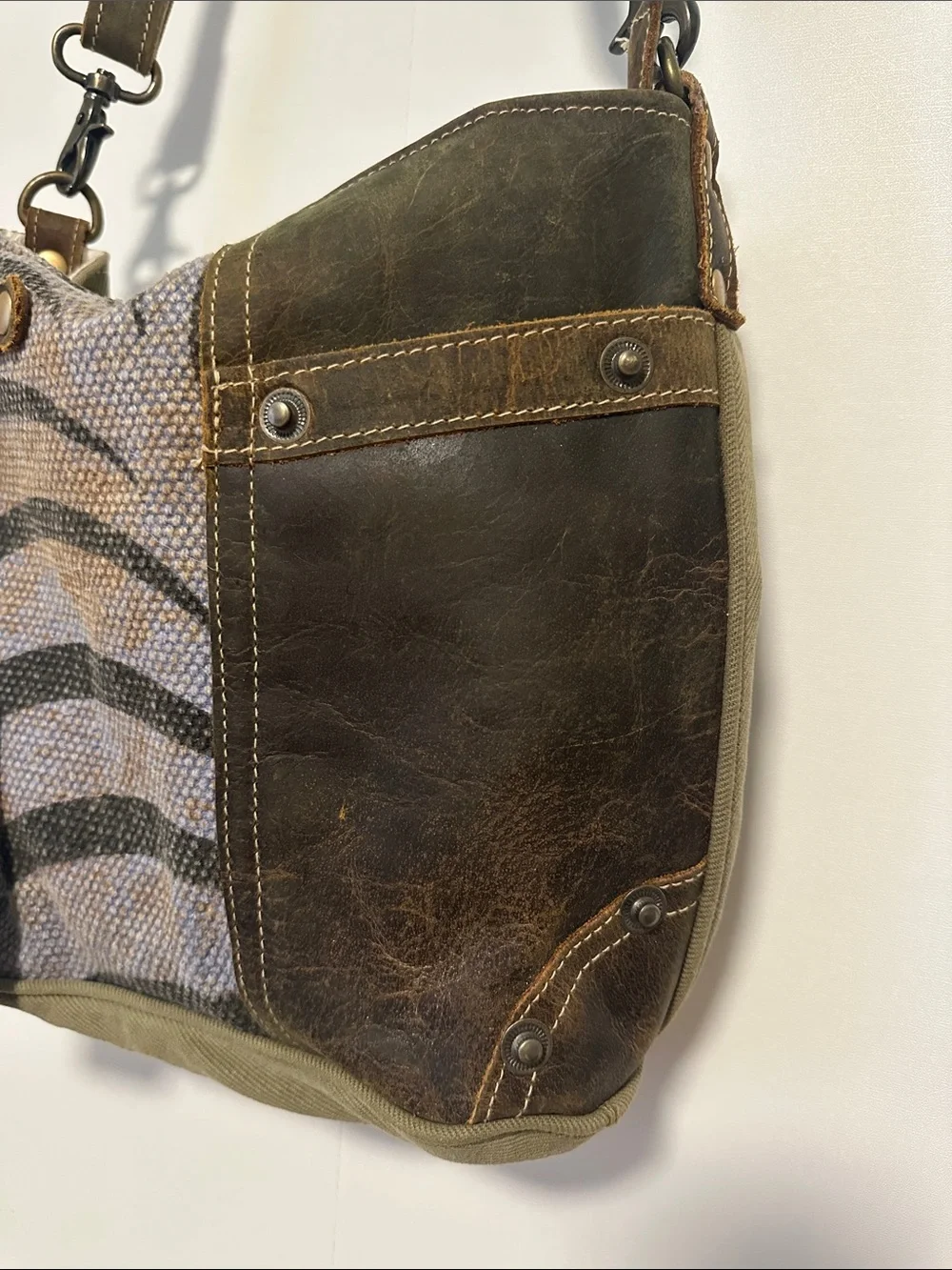 NWT Myra Bag Olive Green and Brown Canvas-Leather “Pristine Need Me”Shoulder Bag